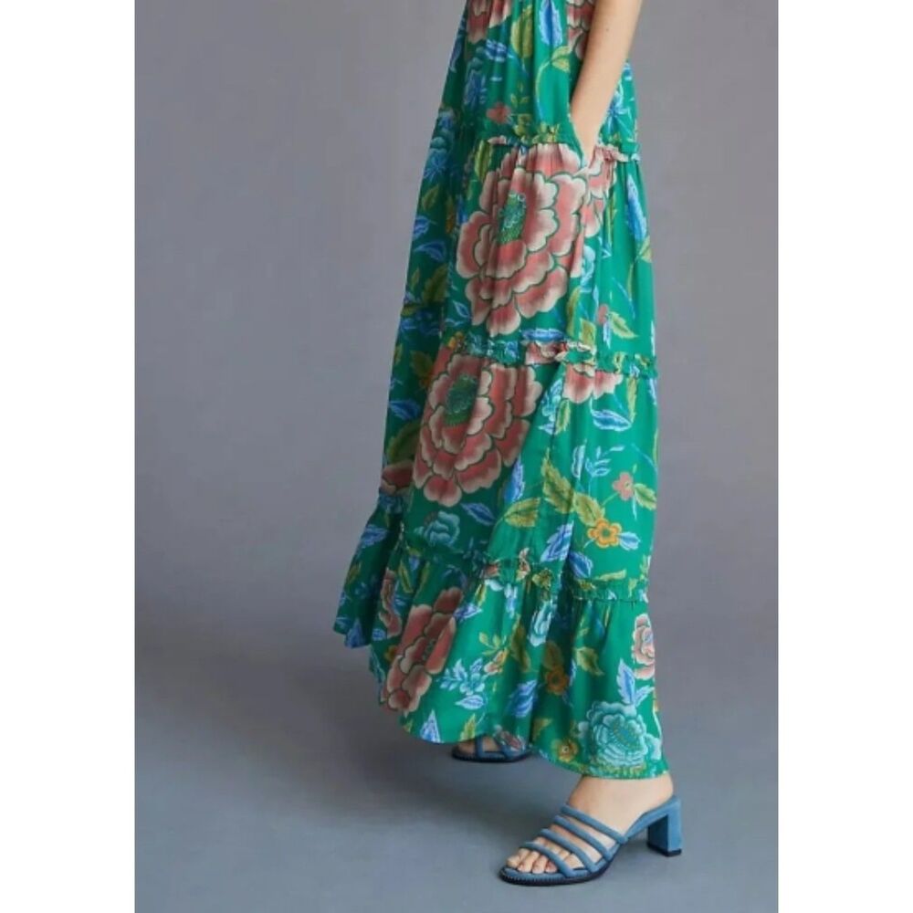 SZ M Love The Label Anthropologie Sleeveless Maxi Dress Green Floral Print - Picture 4 of 11